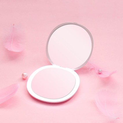 Compact Double-Sided Travel Mirror with LED and 5x Magnification - Pink